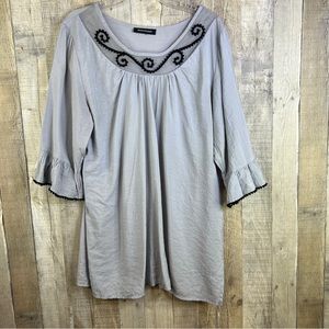 Ashley Stewart Gray Tunic Blouse with 3/4 Bell Sleeves with Black Trim